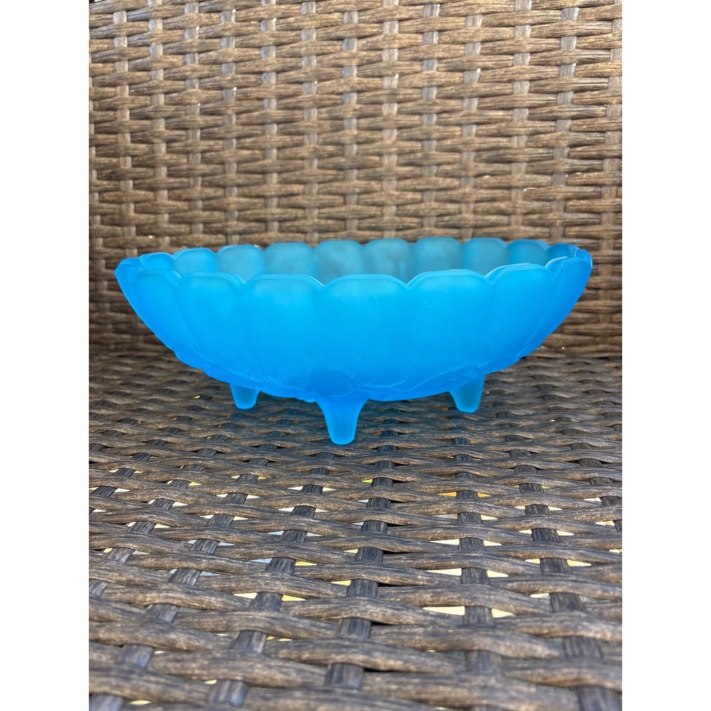 Vintage Indiana Glass Blue Satin Frosted Fruit Bowl Centerpiece Oval Footed 12"